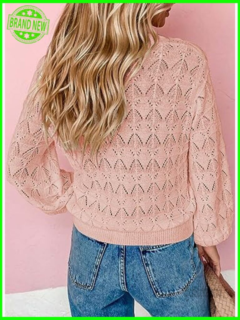 Crochet Knit Open Front Cardigan Lightweight Puff Sleeve V-Neck - Picture 2 of 7